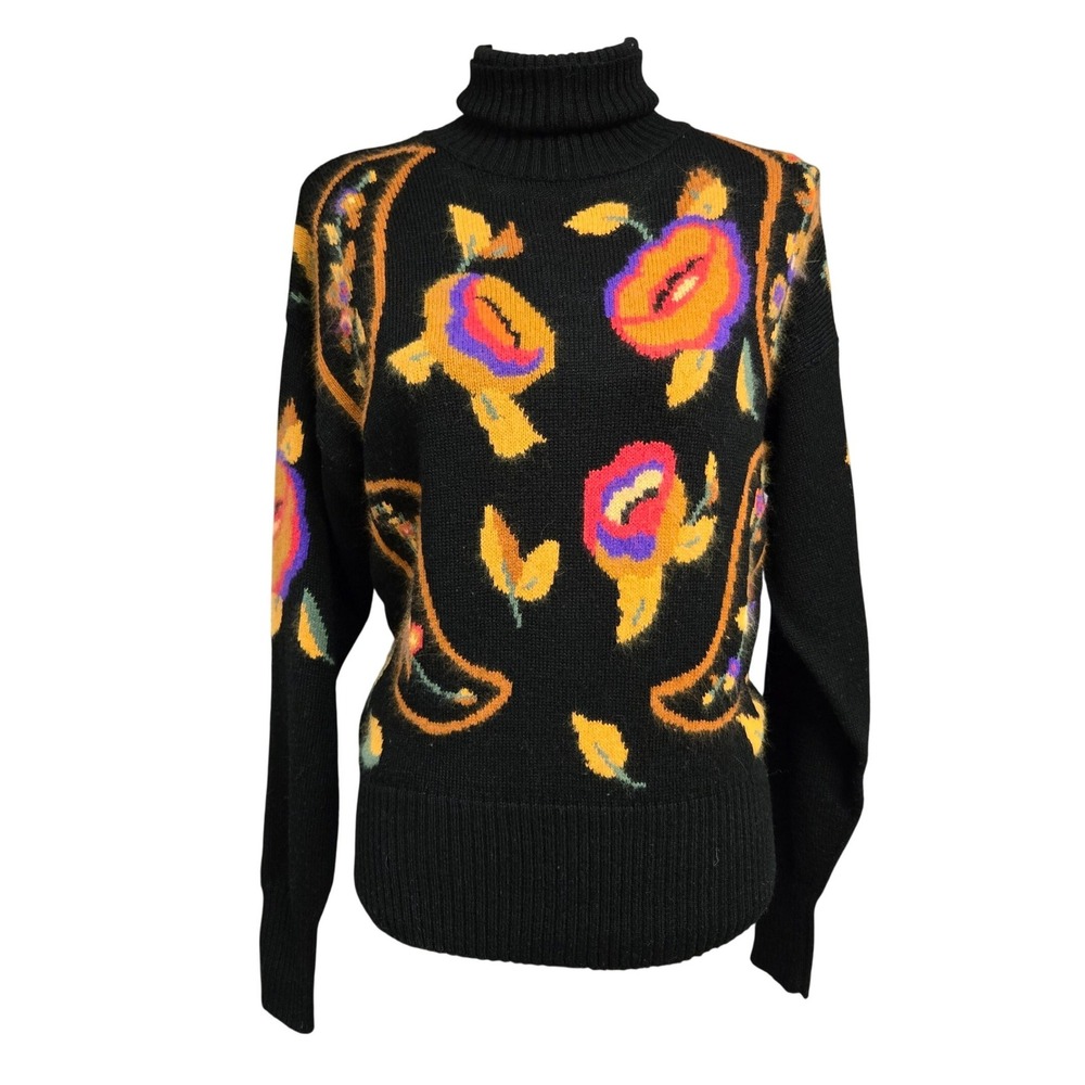 Bogner Floral Paisley Wool Angora Blend Turtleneck Sweater Black Women's Size 8